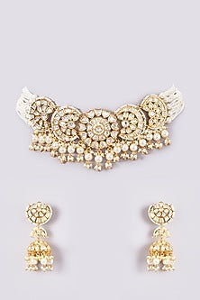 Gold Finish Kundan Polki & Pearl String Choker Necklace Set