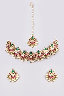 Gold Plated Kundan Polki & Pearl Meenakari Necklace Set