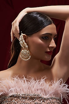 Gold Finish Kundan Polki & Pearl Drop Dangler Earrings