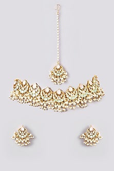Gold Plated Green Kundan Polki & Pearl Necklace Set