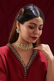 Gold Plated Green Kundan Polki & Pearl Necklace Set