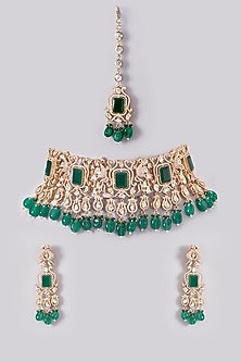 Gold Plated Green Stone & Pearl Necklace Set