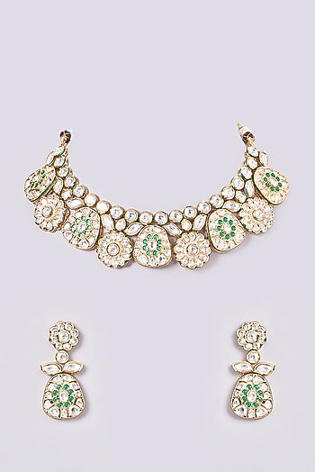 Gold Plated Green Kundan Polki Necklace Set
