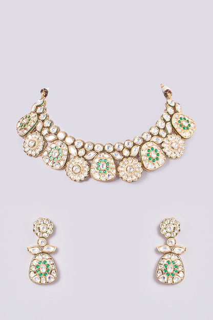 Gold Plated Green Kundan Polki Necklace Set