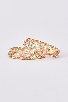 Gold Finish Pink & Green Stone Bangles (Set Of 2)