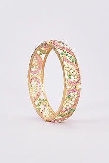 Gold Finish Pink & Green Stone Bangles (Set Of 2)