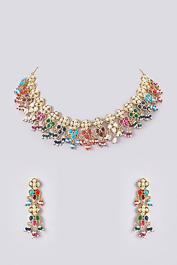 Gold Plated Kundan Polki & Jadau Stone Necklace Set