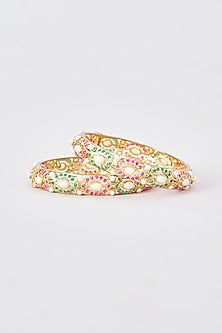 Gold Finish Pink & Green Jadau Stone Bangles (Set Of 2)