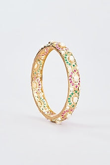 Gold Finish Pink & Green Jadau Stone Bangles (Set Of 2)