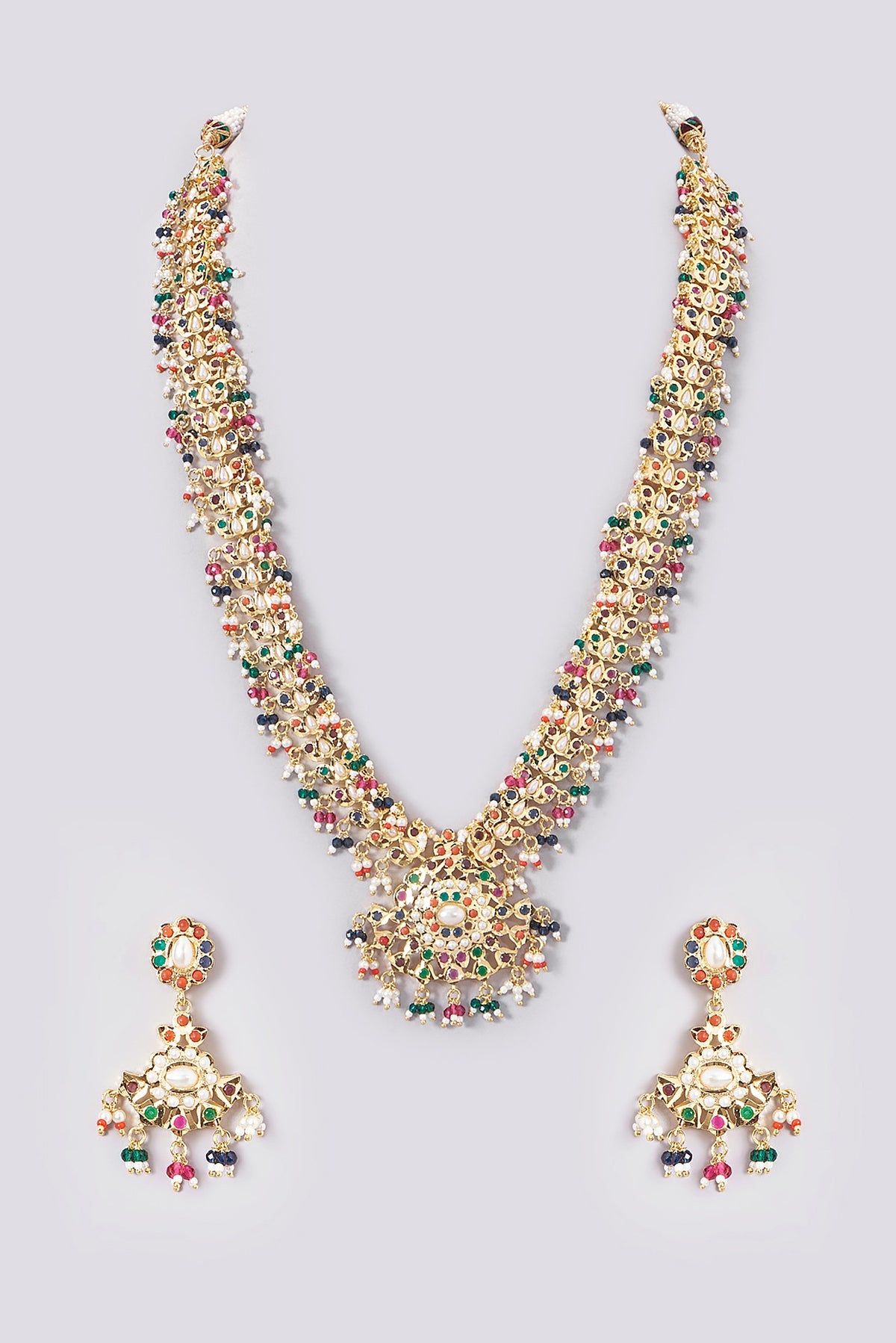 Gold Plated Kundan Polki & Jadau Stone Long Necklace Set
