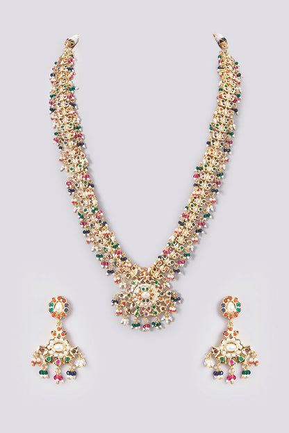 Gold Plated Kundan Polki & Jadau Stone Long Necklace Set