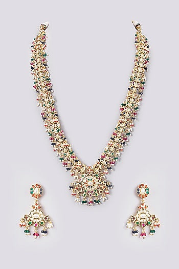 Gold Plated Kundan Polki & Jadau Stone Long Necklace Set
