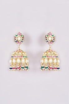Gold Plated Jadau Stone & Pearl Drop Jhumka Earrings