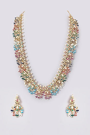 Gold Plated Kundan Polki & Jadau Stone Long Necklace Set