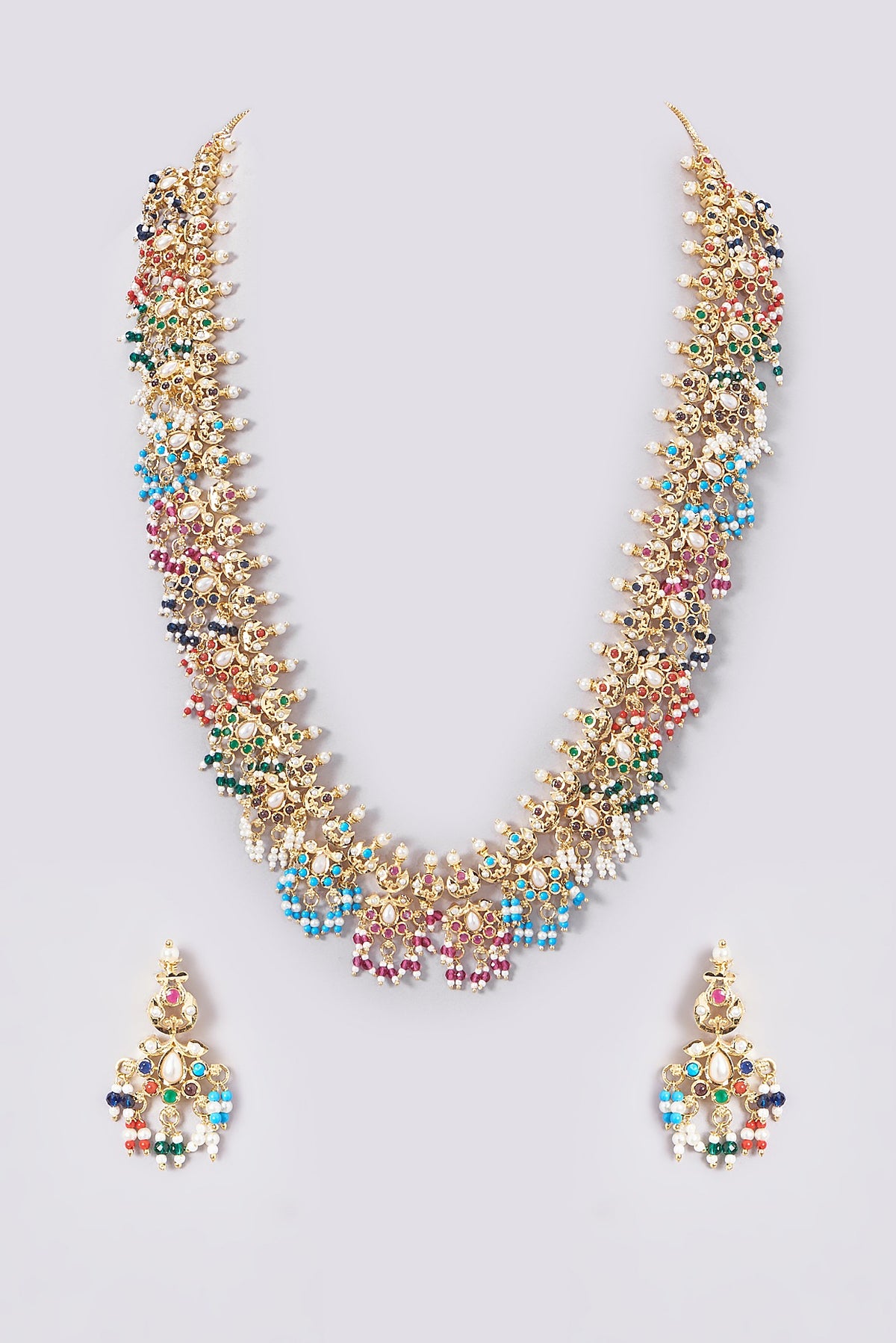 Gold Plated Kundan Polki & Jadau Stone Long Necklace Set