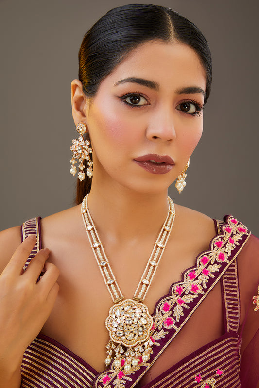 Gold Finish Kundan Polki Long Necklace Set