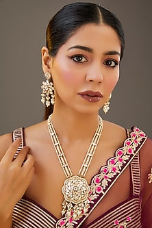 Gold Finish Kundan Polki Long Necklace Set
