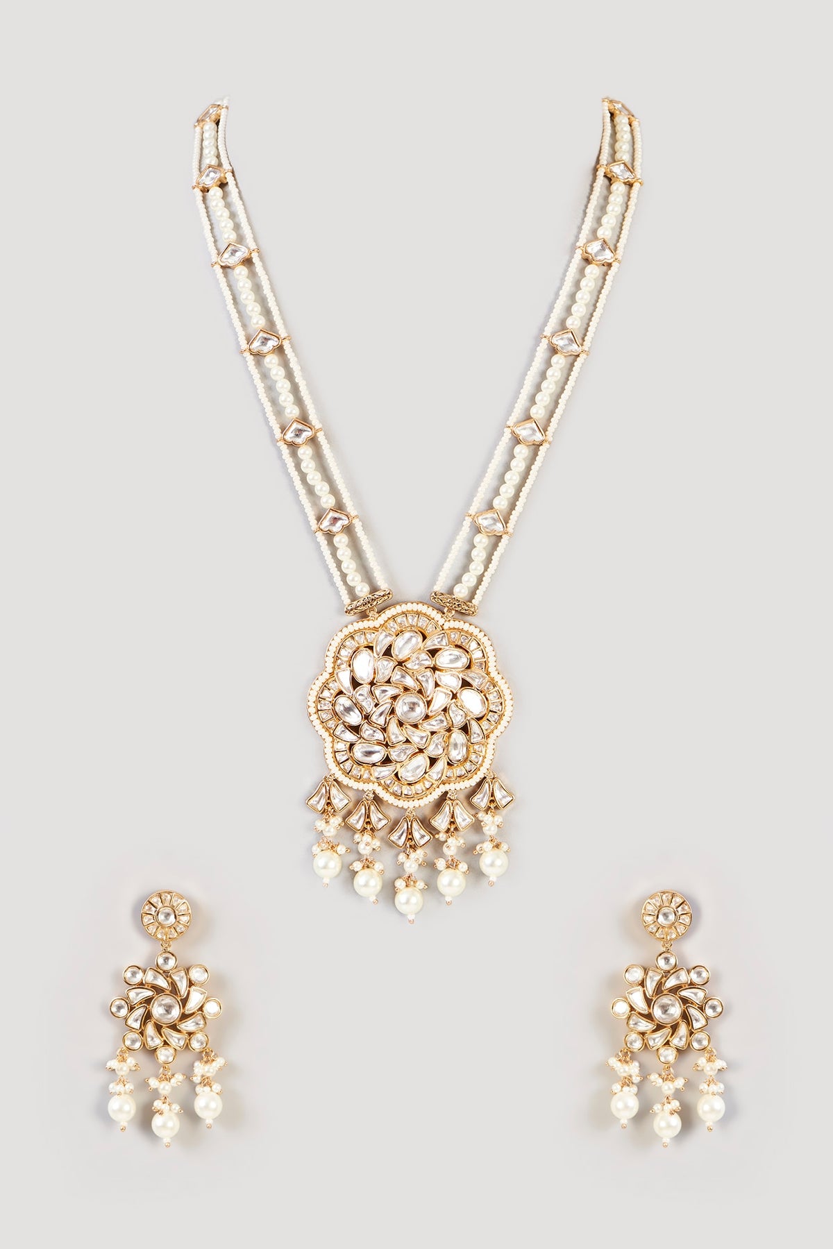 Gold Finish Kundan Polki Long Necklace Set