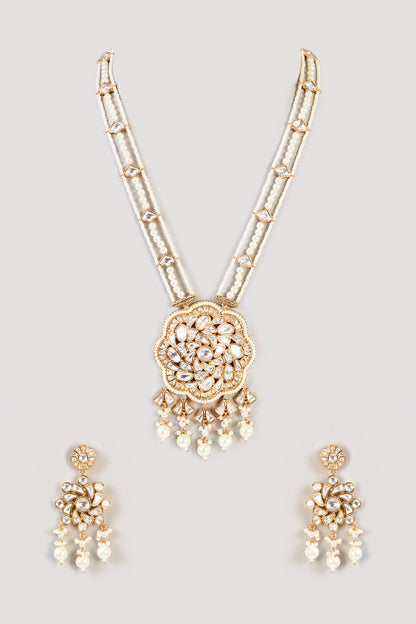 Gold Finish Kundan Polki Long Necklace Set