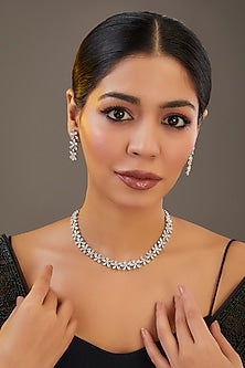 White Finish Diamond Floral Necklace Set