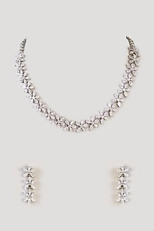White Finish Diamond Floral Necklace Set