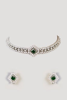 White Finish Diamond & Green Stone Choker Necklace Set