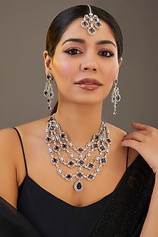 White Finish Sapphire Stone & Diamond Layered Long Necklace Set