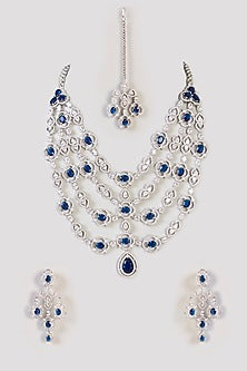 White Finish Sapphire Stone & Diamond Layered Long Necklace Set