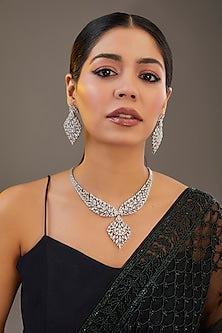 White Finish Diamond Long Necklace Set