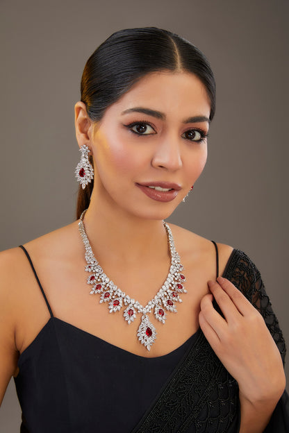 White Finish Diamond & Ruby Stone Long Necklace Set