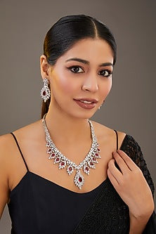 White Finish Diamond & Ruby Stone Long Necklace Set