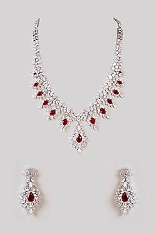 White Finish Diamond & Ruby Stone Long Necklace Set