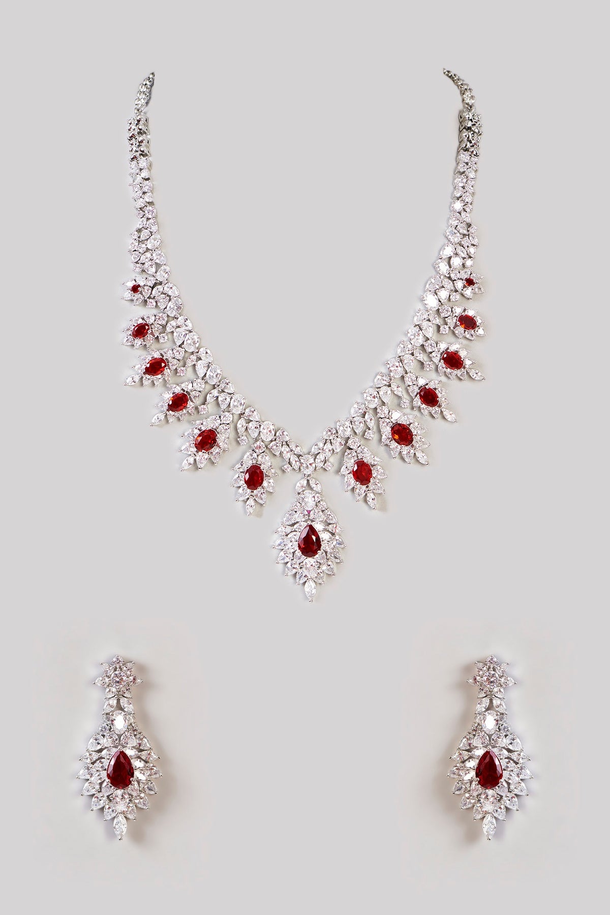White Finish Diamond & Ruby Stone Long Necklace Set