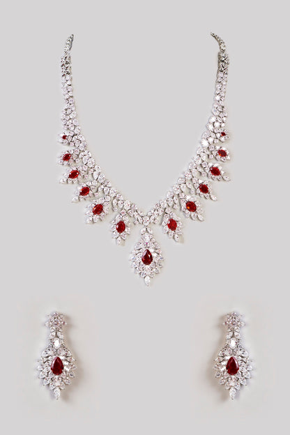 White Finish Diamond & Ruby Stone Long Necklace Set