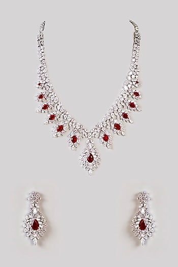 White Finish Diamond & Ruby Stone Long Necklace Set