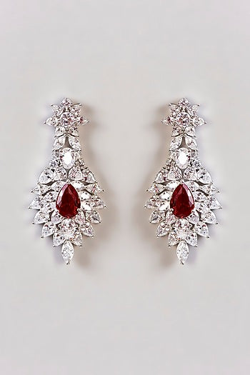 White Finish Diamond & Ruby Stone Long Necklace Set