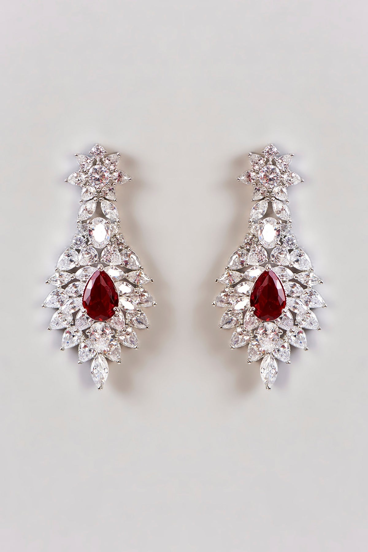 White Finish Diamond & Ruby Stone Long Necklace Set