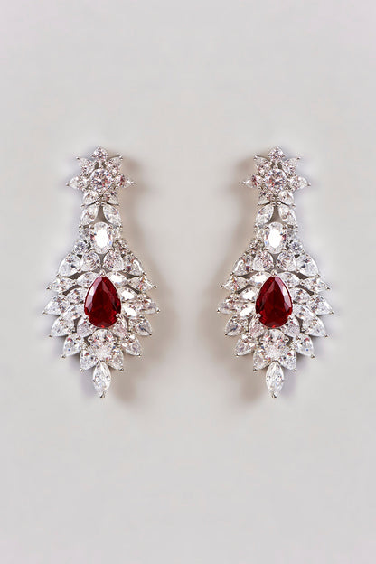 White Finish Diamond & Ruby Stone Long Necklace Set