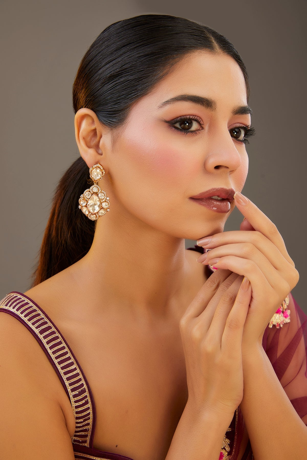 Gold Finish Moissanite Polki Dangler Earrings