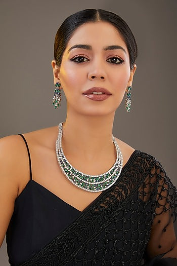 White Finish Sapphire & Emerald Stone Necklace Set