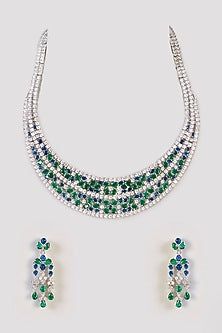 White Finish Sapphire & Emerald Stone Necklace Set