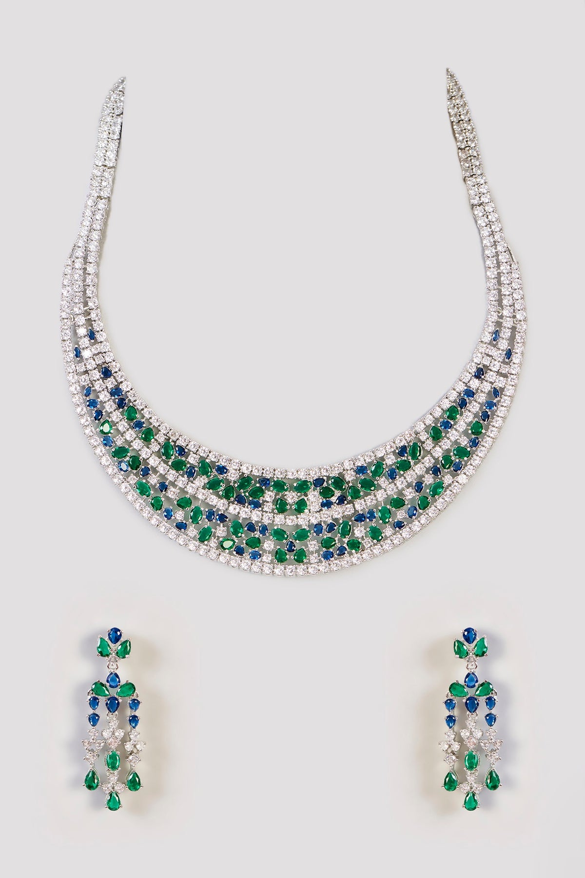 White Finish Sapphire & Emerald Stone Necklace Set