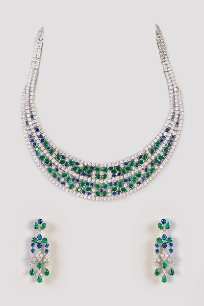 White Finish Sapphire & Emerald Stone Necklace Set