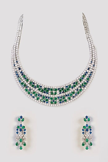 White Finish Sapphire & Emerald Stone Necklace Set