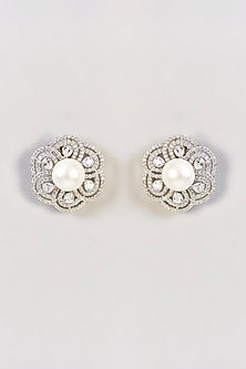 White Finish Diamond Floral Stud Earrings