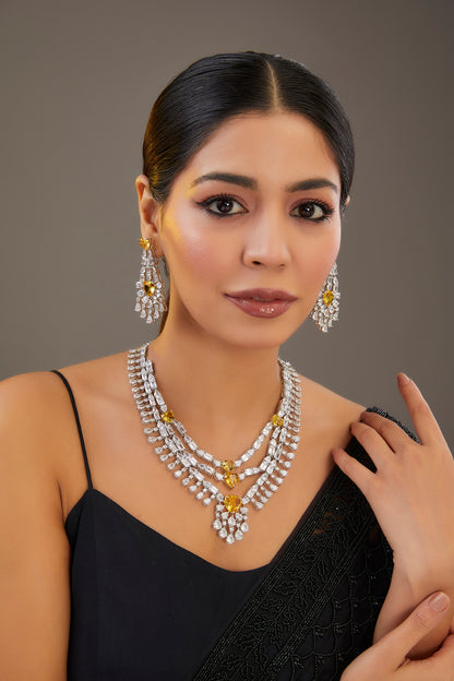 White Finish Diamond & Topaz Stone Layered Necklace Set