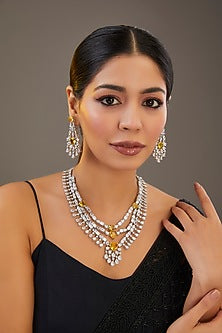 White Finish Diamond & Topaz Stone Layered Necklace Set