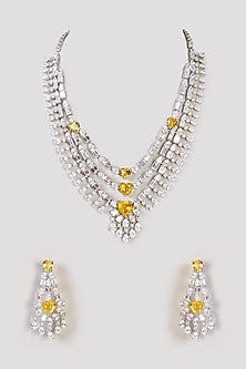 White Finish Diamond & Topaz Stone Layered Necklace Set