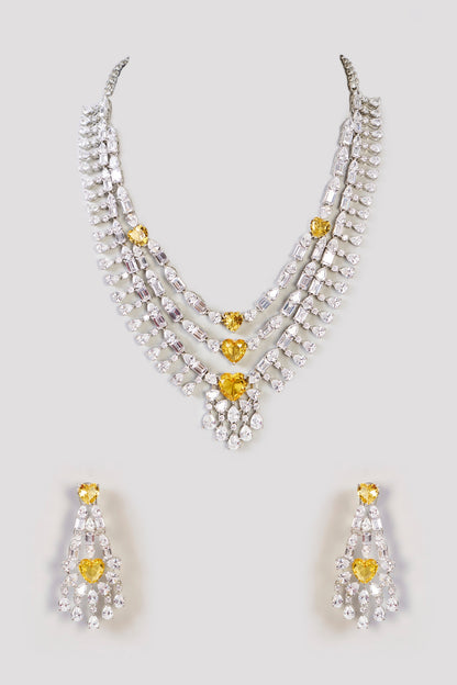 White Finish Diamond & Topaz Stone Layered Necklace Set