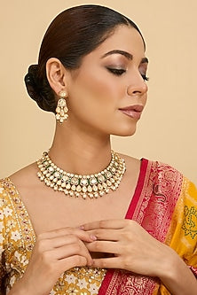 Gold Finish Green Moissanite Stone Necklace Set